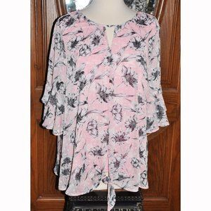 Sara Michelle Pink Charcoal & White Floral Two Layer Flutter Sleeve Sheer Blouse